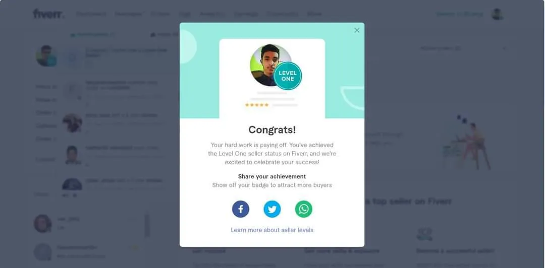 Fiverr notification congratulating Ratul on reaching Level One