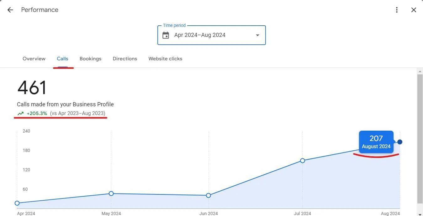 Calls From Business Profile: 461 calls in 5 months (GBP Insights screenshot)