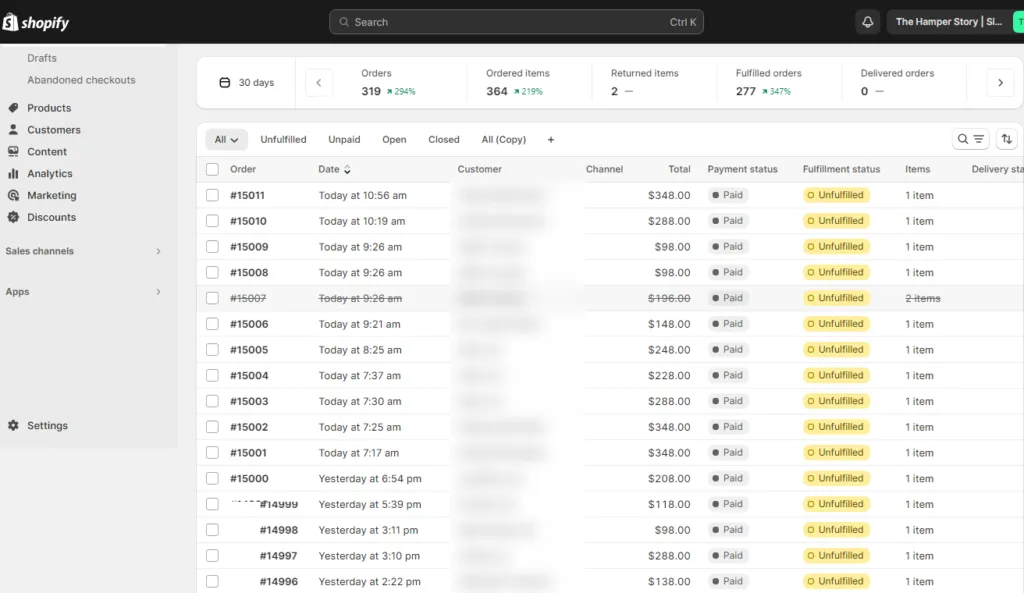 319 orders (+294%) and 364 ordered items (+219%) in the last 30 days, with a steady run of paid orders each day.