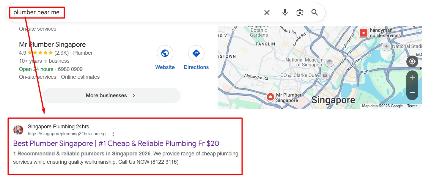 “Plumber Near Me” Visibility: Map Pack and top organic listing (Google Search screenshot)